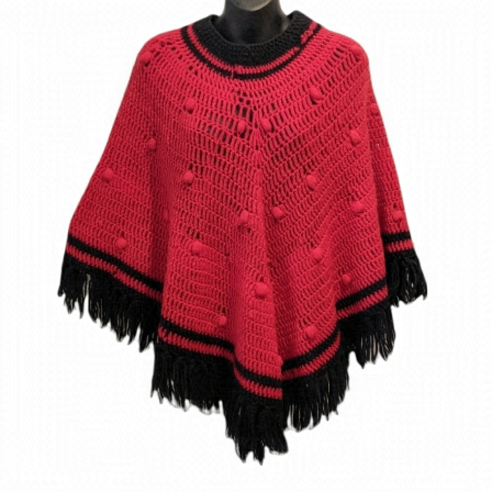 Handmade Hand Knit Crochet Red Poncho Boho 70's